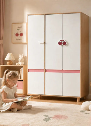 Dečiji ormar sa tri krila KINDER HOME CHERRY, sa policama, polugom za vešalice i 6 vrata, bela, roze i boja prirodnog drveta