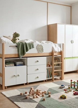 Dečiji ormar sa tri krila KINDER HOME DINO, sa policama, polugom za vešanje i 6 vrata, bela, zelena i boja prirodnog drveta