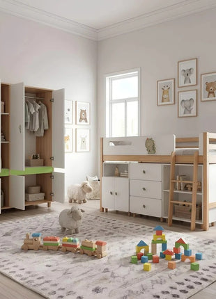 Dečiji ormar sa tri krila KINDER HOME DINO, sa policama, polugom za vešanje i 6 vrata, bela, zelena i boja prirodnog drveta