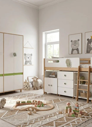 Dečiji ormar sa tri krila KINDER HOME DINO, sa policama, polugom za vešanje i 6 vrata, bela, zelena i boja prirodnog drveta