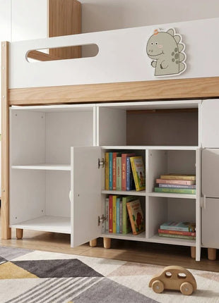 Dečiji ormar sa tri krila KINDER HOME DINO, sa policama, polugom za vešanje i 6 vrata, bela, zelena i boja prirodnog drveta