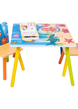 KINDER HOME Dečiji drveni sto i stolice sa morskim životinjama - set za crtanje, igru, učenje i jelo