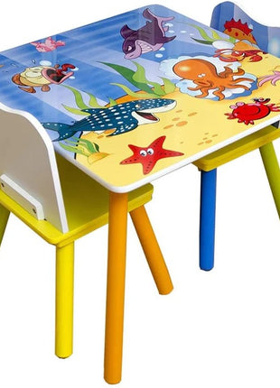 KINDER HOME Dečiji drveni sto i stolice sa morskim životinjama - set za crtanje, igru, učenje i jelo
