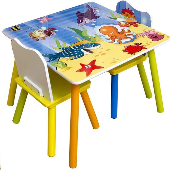 KINDER HOME Dječji drveni sto i stolice sa morskim životinjama - set za crtanje, igru, učenje i jelo
