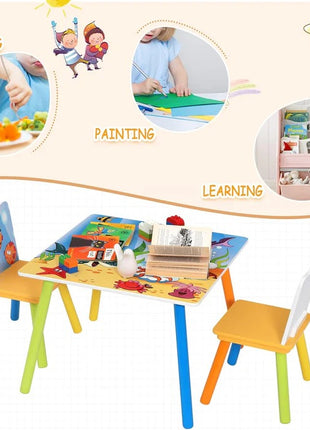 KINDER HOME Dečiji drveni sto i stolice sa morskim životinjama - set za crtanje, igru, učenje i jelo
