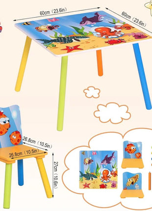 KINDER HOME Dečiji drveni sto i stolice sa morskim životinjama - set za crtanje, igru, učenje i jelo