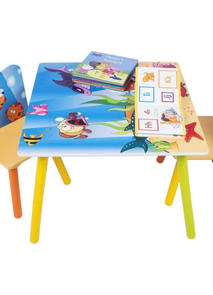 KINDER HOME Dečiji drveni sto i stolice sa morskim životinjama - set za crtanje, igru, učenje i jelo