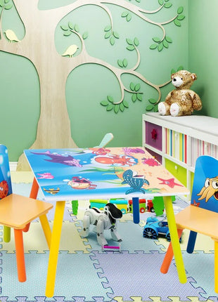 KINDER HOME Dečiji drveni sto i stolice sa morskim životinjama - set za crtanje, igru, učenje i jelo