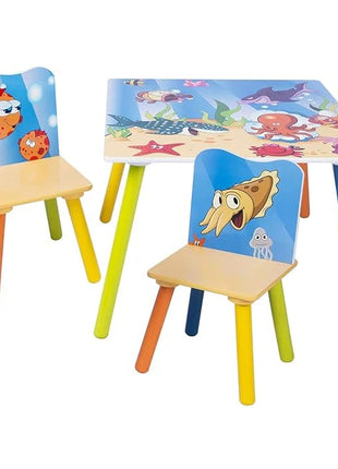 KINDER HOME Dečiji drveni sto i stolice sa morskim životinjama - set za crtanje, igru, učenje i jelo