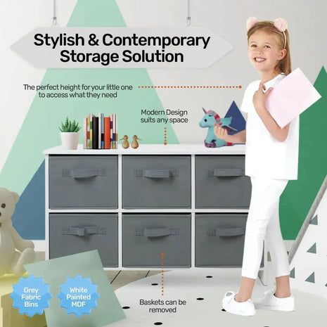 Drvena komoda sa 6 tekstilnih fioka za odlaganje - BELA/SIVA