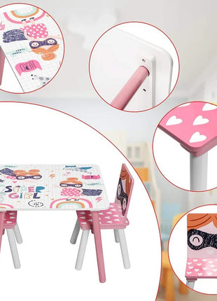 Dečiji sto sa stolicama, drvena garnitura - za učenje, igru, jelo, nameštaj za dečiju sobu, belo i roze - SUPER GIRL