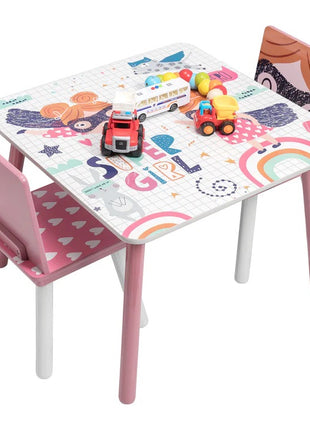 Dečiji sto sa stolicama, drvena garnitura - za učenje, igru, jelo, nameštaj za dečiju sobu, belo i roze - SUPER GIRL