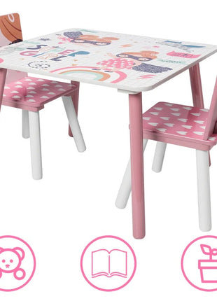 Dečiji sto sa stolicama, drvena garnitura - za učenje, igru, jelo, nameštaj za dečiju sobu, belo i roze - SUPER GIRL