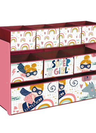 Organizator za igračke i knjige, dečija polica sa 9 tekstilnih korpi za odlaganje - SUPER DEVOJKA