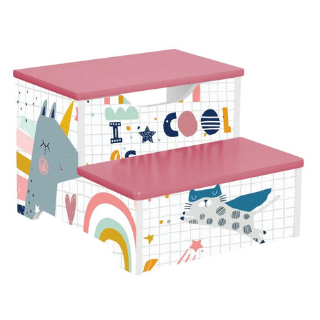 KINDER HOME Dečija stolica, Drvena stepenica na 2 nivoa, Stepenice za dečiju sobu, roze, SUPER DEVOJČICA