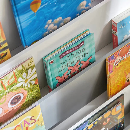 Stalak za dječje knjige i časopise, Biblioteka sa policama, drveni presek - BELO/SIVA
