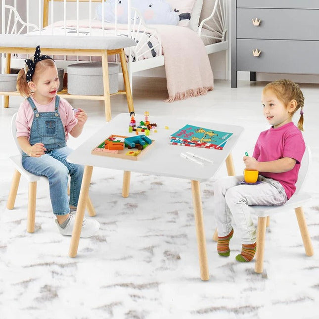 Dečiji drveni sto sa 2 stolice BUNNY, učenje, crtanje, igranje, set za jelo, za dječju sobu, beli