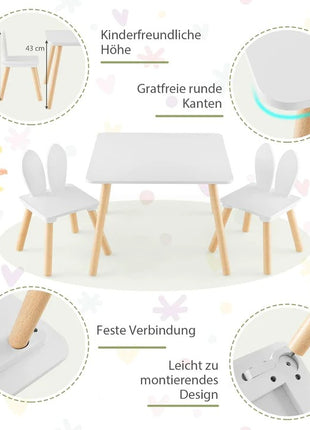 Dečiji drveni sto sa 2 stolice BUNNY, učenje, crtanje, igranje, set za jelo, za dečiju sobu, beli