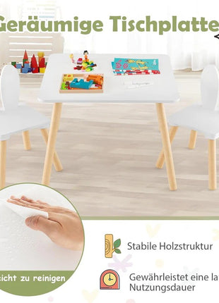 Dečiji drveni sto sa 2 stolice BUNNY, učenje, crtanje, igranje, set za jelo, za dečiju sobu, beli