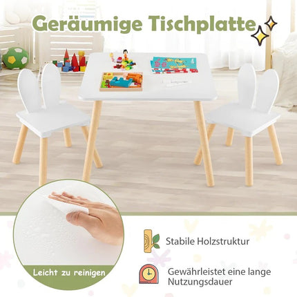 Dečiji drveni sto sa 2 stolice BUNNY, učenje, crtanje, igranje, set za jelo, za dječju sobu, beli