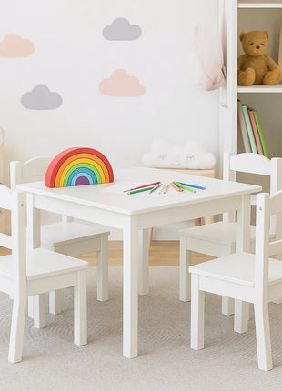 Dečiji sto sa 4 stolice KINDER HOME, drveni set za igru i učenje, beli