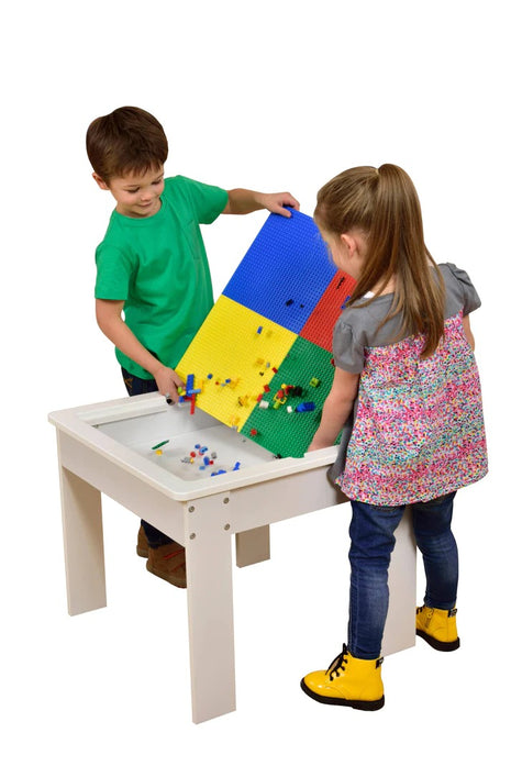 Dečiji sto sa 2 stolice, dvostrani, drveni set za učenje, crtanje, pisanje, slaganje konstruktora tipa LEGO - BELO/SIVA