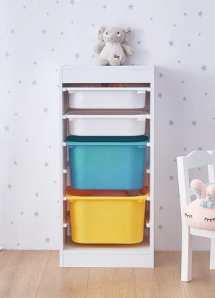 KINDER HOME Dečiji ormarić, polica za igračke sa 4 kutije za odlaganje, bela