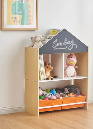 Kinder home Dečiji ormarić, regal za igračke i knjige sa tablom za pisanje, kuća, drvo
