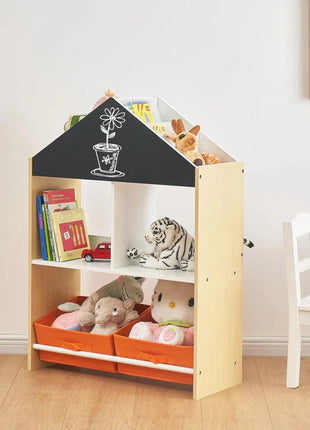 Kinder home Dečiji ormarić, regal za igračke i knjige sa tablom za pisanje, kuća, drvo