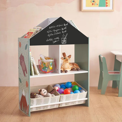 Dječji ormar KINDER HOME, Ormar Igračke i knjige sa medvedom, Crna tabla za pisanje, Kuća ŠUMA