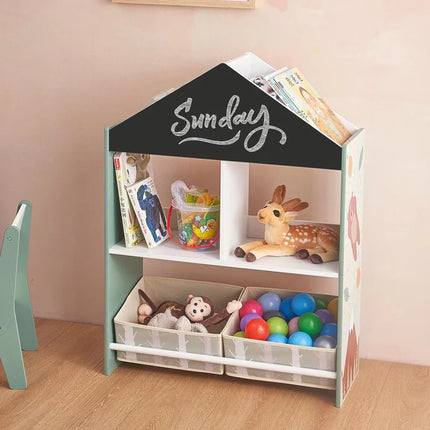 Dječji ormar KINDER HOME, Ormar Igračke i knjige sa medvedom, Crna tabla za pisanje, Kuća ŠUMA