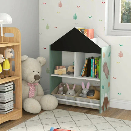 Dječji ormar KINDER HOME, Ormar Igračke i knjige sa medvedom, Crna tabla za pisanje, Kuća ŠUMA