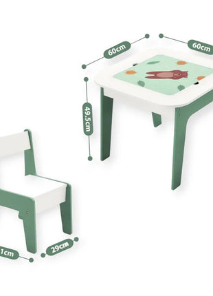 Dečiji sto sa stolicama 4 u 1 KINDER HOME, 2 vrha, tabla i vrh za slaganje LEGO konstruktora, šuma