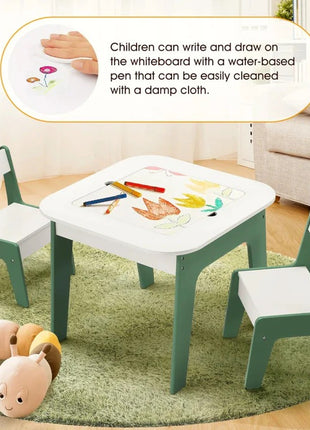 Dečiji sto sa stolicama 4 u 1 KINDER HOME, 2 vrha, tabla i vrh za slaganje LEGO konstruktora, šuma