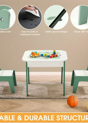 Dečiji sto sa stolicama 4 u 1 KINDER HOME, 2 vrha, tabla i vrh za slaganje LEGO konstruktora, šuma