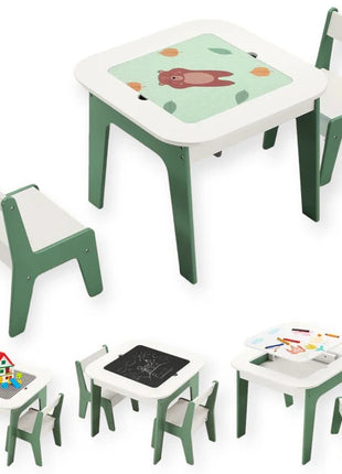 Dečiji sto sa stolicama 4 u 1 KINDER HOME, 2 vrha, tabla i vrh za slaganje LEGO konstruktora, šuma