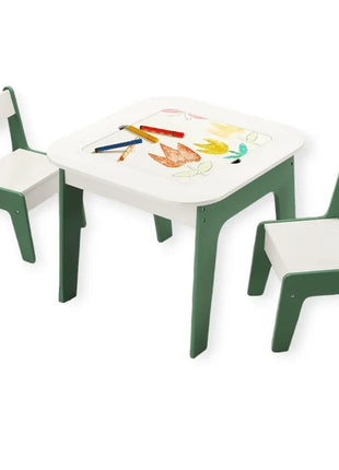 Dečiji sto sa stolicama 4 u 1 KINDER HOME, 2 vrha, tabla i vrh za slaganje LEGO konstruktora, šuma