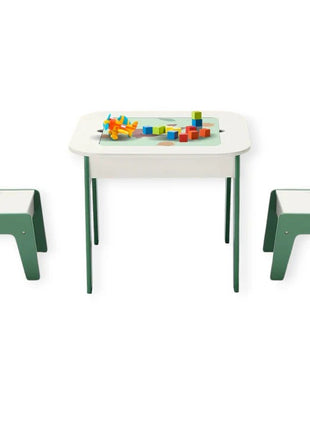 Dečiji sto sa stolicama 4 u 1 KINDER HOME, 2 vrha, tabla i vrh za slaganje LEGO konstruktora, šuma