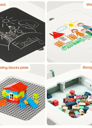 Dečiji sto sa stolicama 4 u 1 KINDER HOME, 2 vrha, tabla i vrh za slaganje LEGO konstruktora, šuma