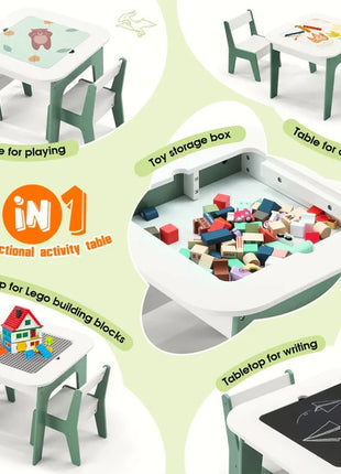 Dečiji sto sa stolicama 4 u 1 KINDER HOME, 2 vrha, tabla i vrh za slaganje LEGO konstruktora, šuma