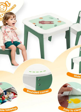 Dečiji sto sa stolicama 4 u 1 KINDER HOME, 2 vrha, tabla i vrh za slaganje LEGO konstruktora, šuma