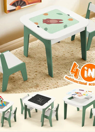 Dečiji sto sa stolicama 4 u 1 KINDER HOME, 2 vrha, tabla i vrh za slaganje LEGO konstruktora, šuma