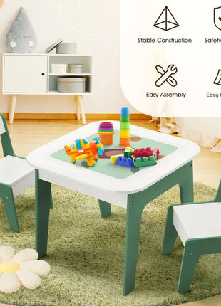 Dečiji sto sa stolicama 4 u 1 KINDER HOME, 2 vrha, tabla i vrh za slaganje LEGO konstruktora, šuma