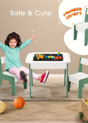 Dečiji sto sa stolicama 4 u 1 KINDER HOME, 2 vrha, tabla i vrh za slaganje LEGO konstruktora, šuma