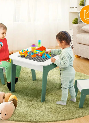 Dečiji sto sa stolicama 4 u 1 KINDER HOME, 2 vrha, tabla i vrh za slaganje LEGO konstruktora, šuma