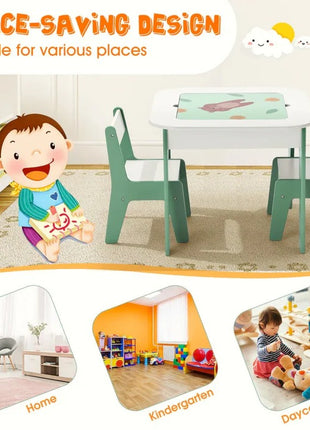 Dečiji sto sa stolicama 4 u 1 KINDER HOME, 2 vrha, tabla i vrh za slaganje LEGO konstruktora, šuma