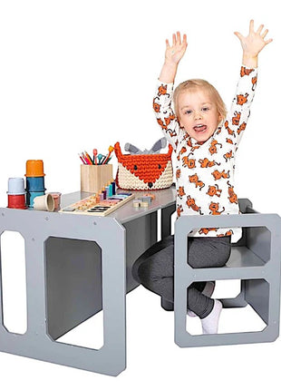 Montesori dečiji sto i stolica KINDER HOME, drveni set 3 u 1, belo sivi