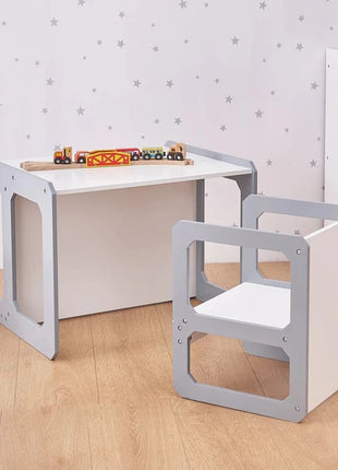 Montesori dečiji sto i stolica KINDER HOME, drveni set 3 u 1, belo sivi