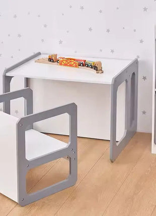 Montesori dečiji sto i stolica KINDER HOME, drveni set 3 u 1, belo sivi