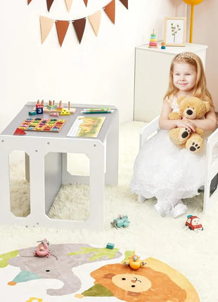 Montesori dečiji sto i stolica KINDER HOME, drveni set 3 u 1, belo sivi
